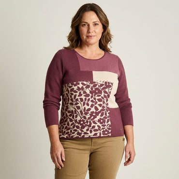 Sweater Burdeo con Bloques de Color y Estampado Floral en Tejido en modelo plus size
