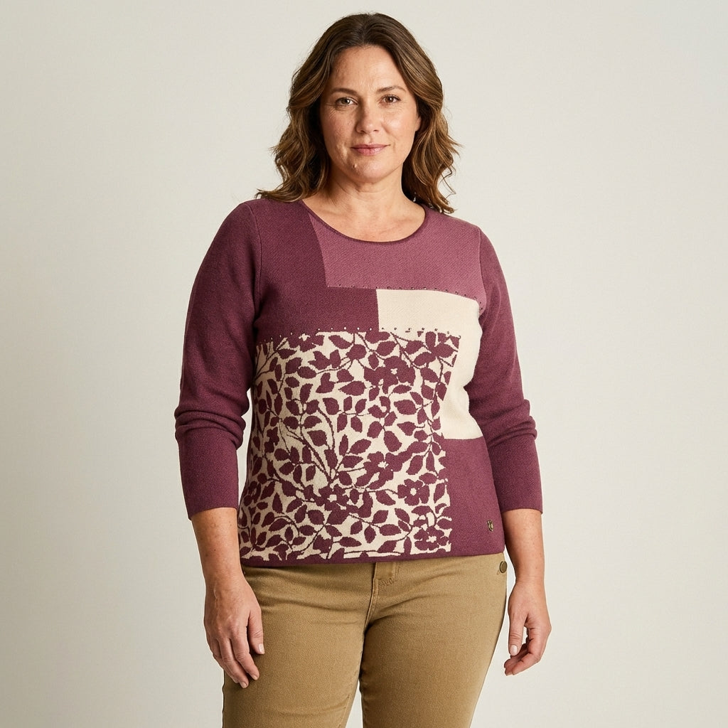 Sweater Burdeo con Bloques de Color y Estampado Floral en Tejido