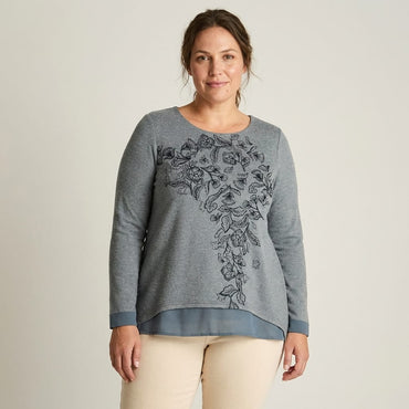 Polera Indigo Lanilla Manga Larga Terminación en Punta Estampada en modelo plus size