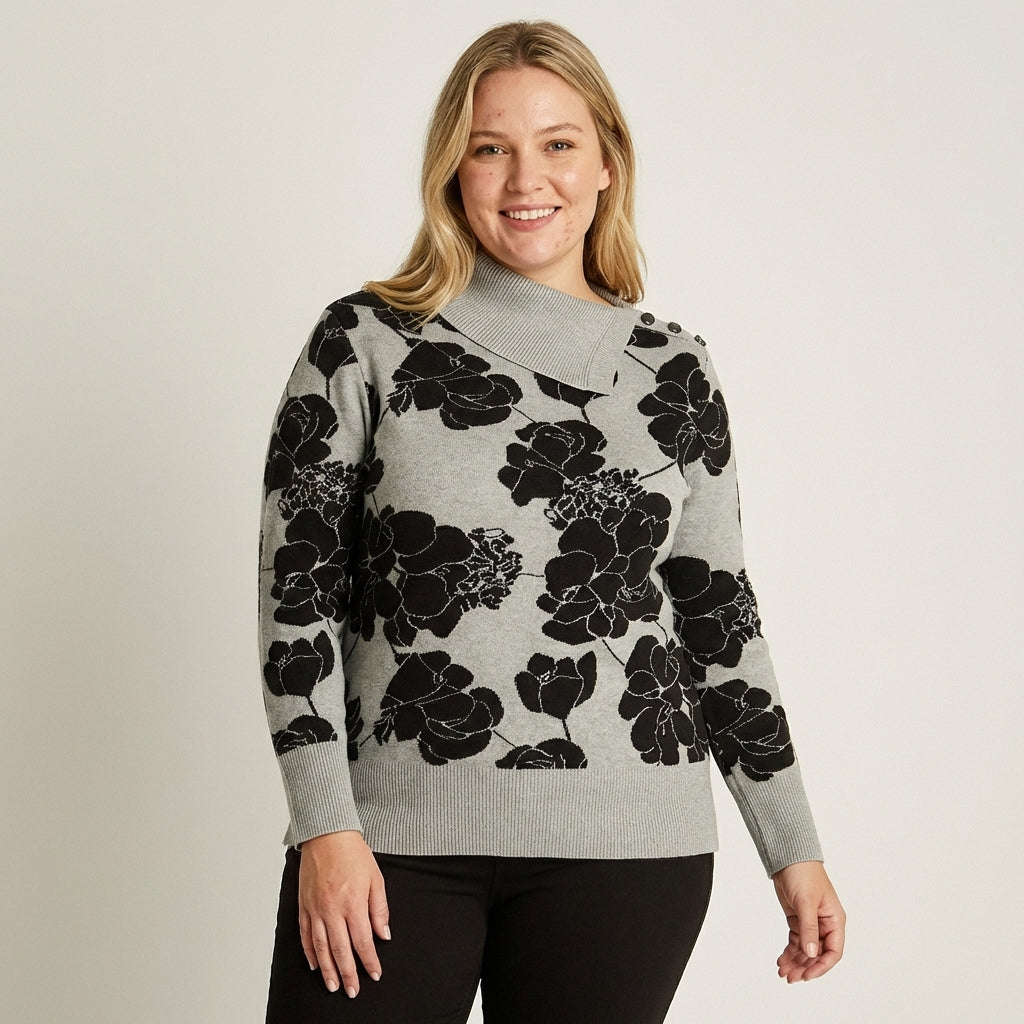 Sweater Gris con Estampado Floral y Cuello Asimétrico en Tejido