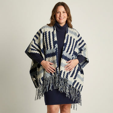 Poncho Azul Estampado Geométrico Flecos - Lorenzo di Pontti