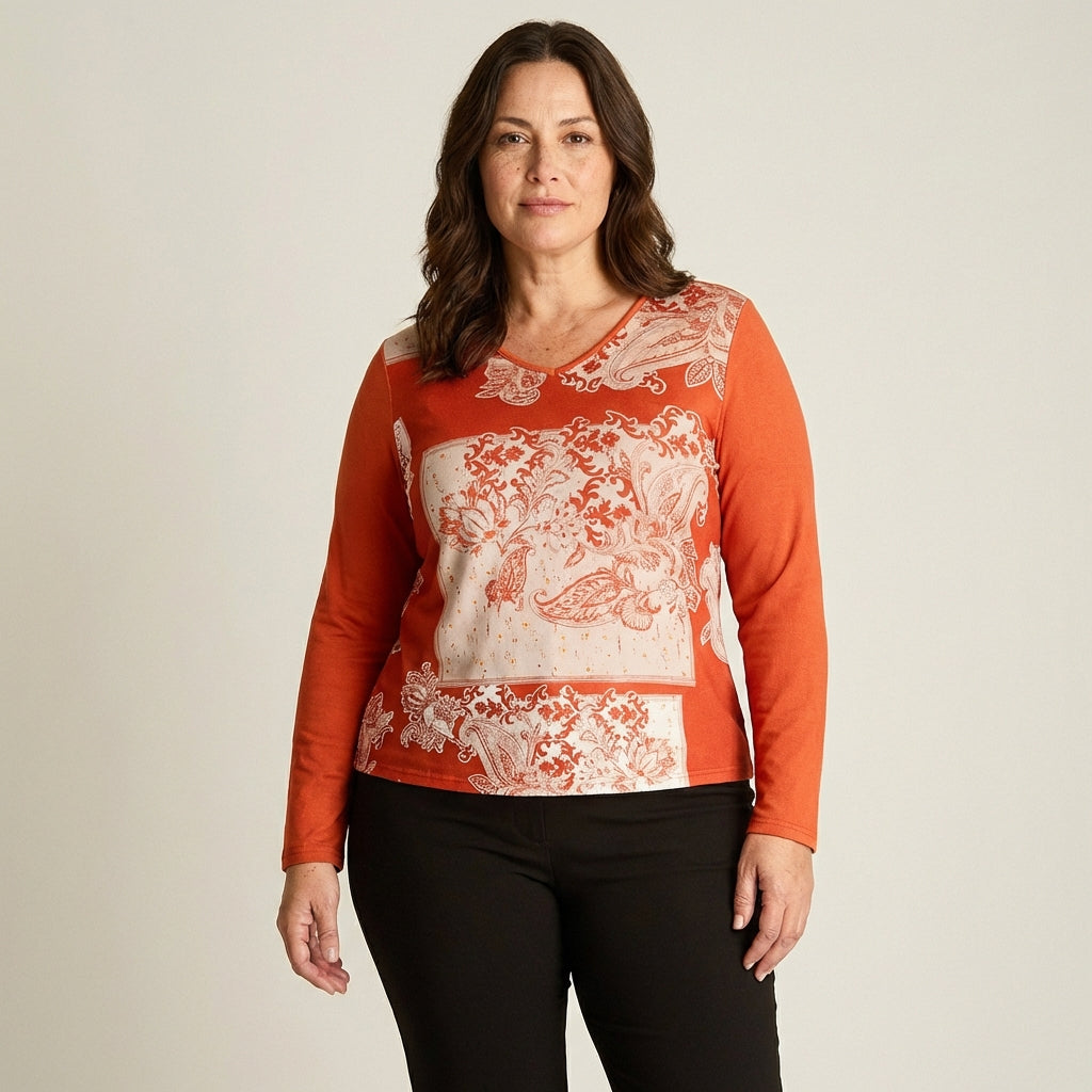 Polera Lanilla Terracota Estampada Escote V