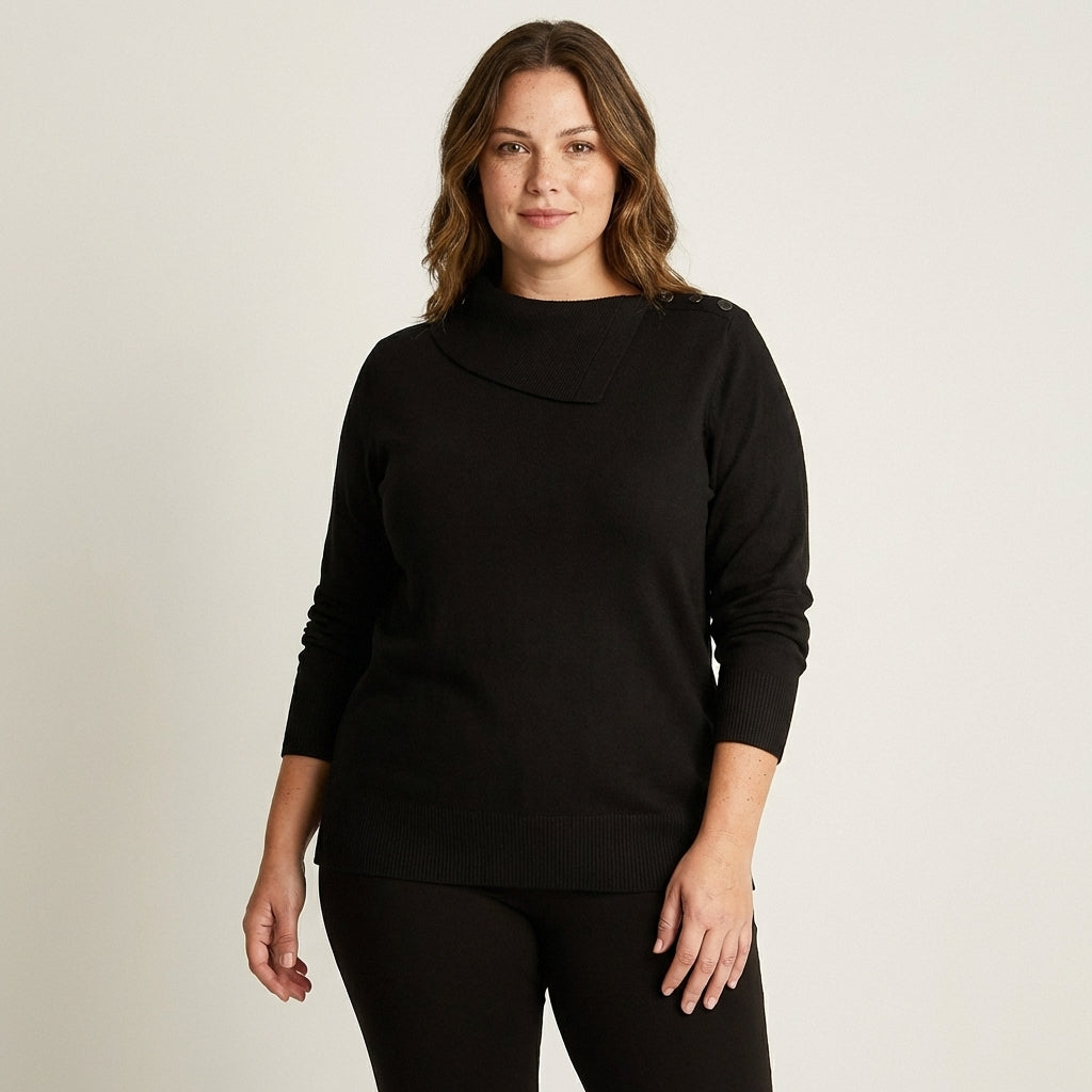 Sweater Negro con Cuello Asimétrico y Botones en Hombro en Tejido