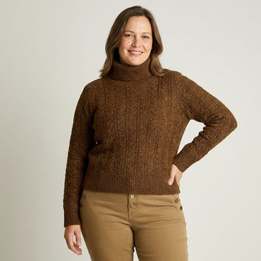 Sweater Café con Cuello Alto y Trenzado Jaspeado en Tejido en modelo plus size