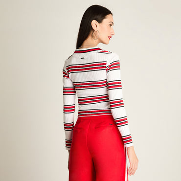 Polera Cuello V Listada Blanco