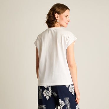 Polera Blanco Manga Corta Elasticidad Media Sin Forro Calce Holgado