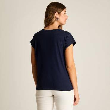 Polera Azul Manga Corta Elasticidad Media Sin Forro Calce Holgado