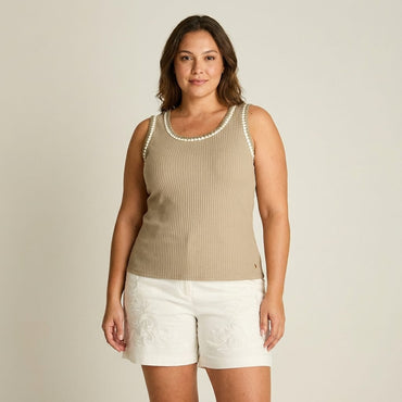 Polera Taupe Escote Redondo Ribete - Lorenzo di Pontti
