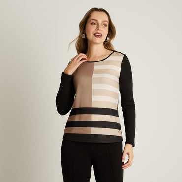 Polera Negro Manga Larga Elasticidad Media Sin Forro Calce Normal Tela Camant