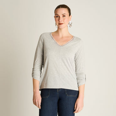 Polera Gris Manga Larga Elasticidad Media Sin Forro Calce Normal Tela Punto