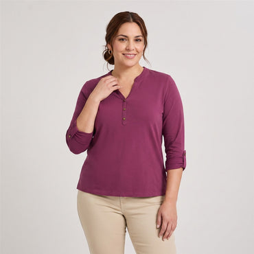 Polera Manga Larga Roll Up Cuello Mao Morado en modelo plus size