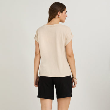Polera Manga Corta Estampada Beige