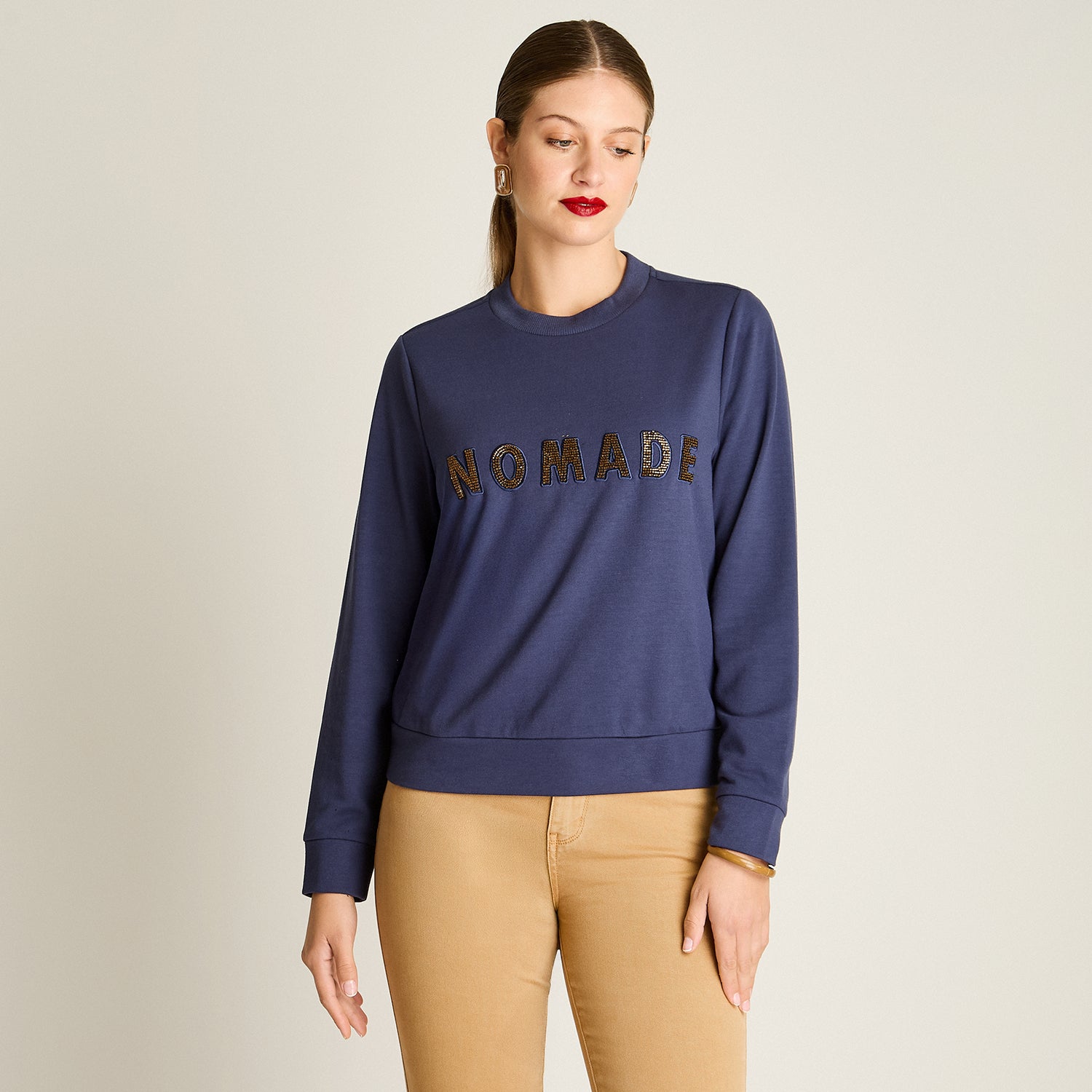 Poleron Algodon Azul Manga Larga Elasticidad Baja Sin Forro Calce Normal Tela Punto