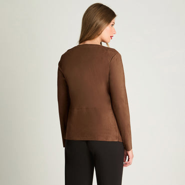 Chaqueta Tipo Tapado De Suede Asimetrico Camel Lorenzo Di Pontti