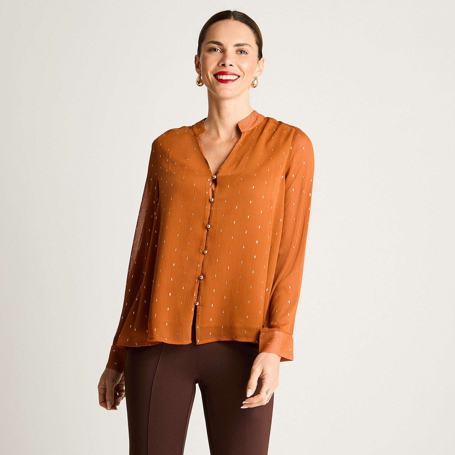 Blusa Manga Larga Escote Mao Tela Fantasia Terracota Lorenzo Di Pontti