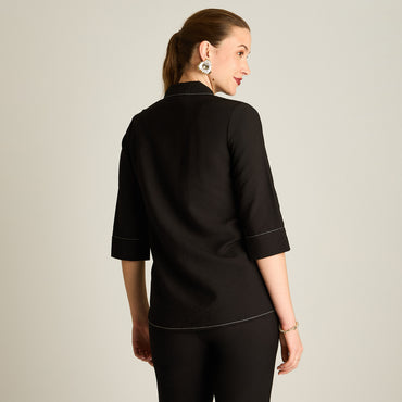 Blusa Negro Manga 3/4 Elasticidad Nula Sin Forro Calce Normal Tela Plano