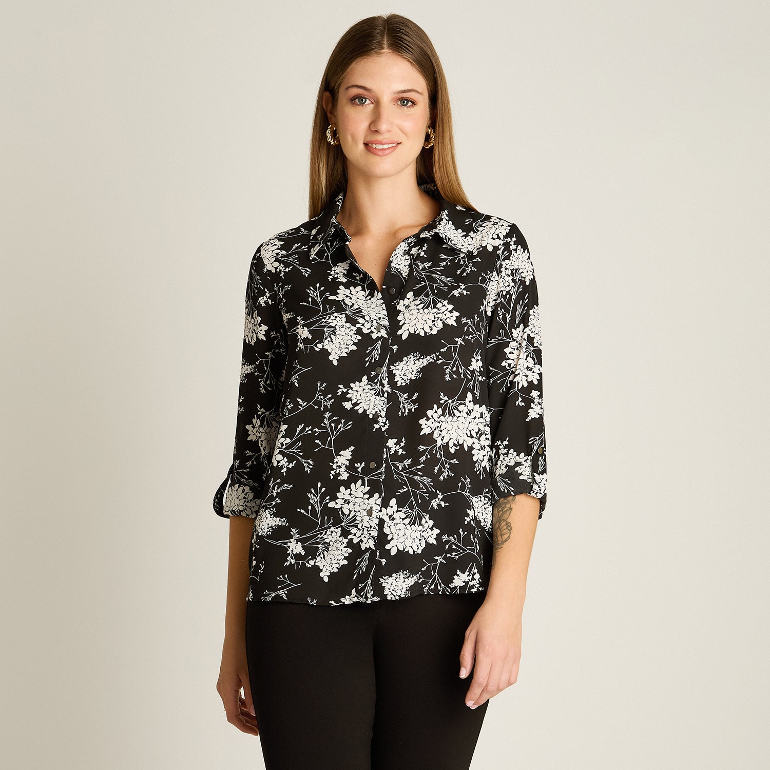 Blusa Blanco Manga Larga Elasticidad Nula Sin Forro Calce Normal Tela Plano