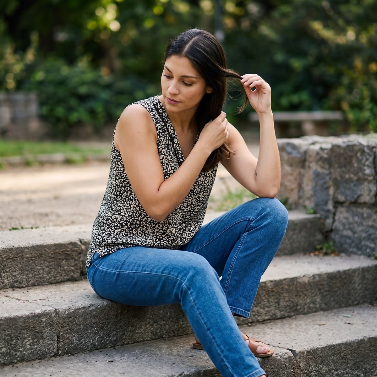Blusa sin Mangas Estampada con Escote en V lifestyle