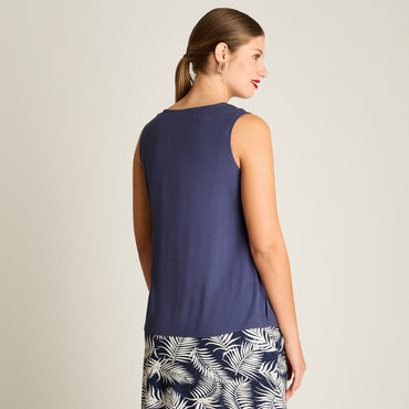 Blusa Azul Sin Mangas Elasticidad Nula Sin Forro Calce Normal Tela Plano
