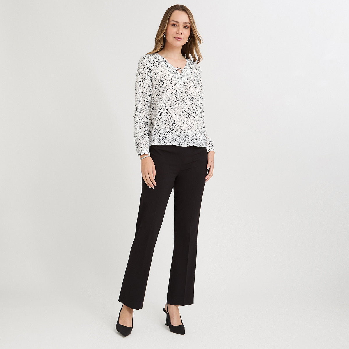 Blusa Manga Larga Escote V Estampada Blanco
