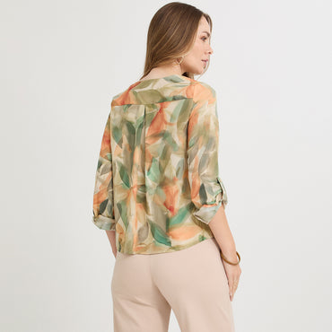 Blusa Manga Larga Escote V Estampada Terracota