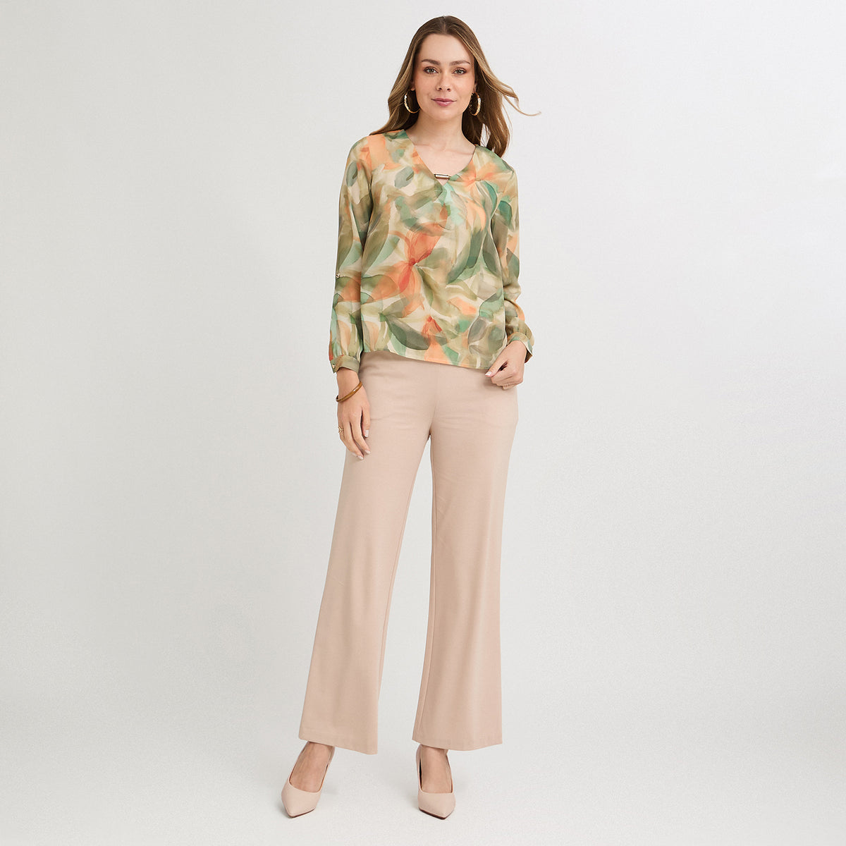 Blusa Manga Larga Escote V Estampada Terracota