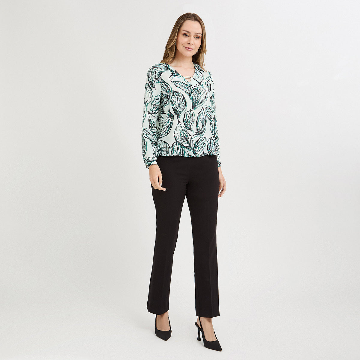 Blusa Manga Larga Escote V Estampada Verde