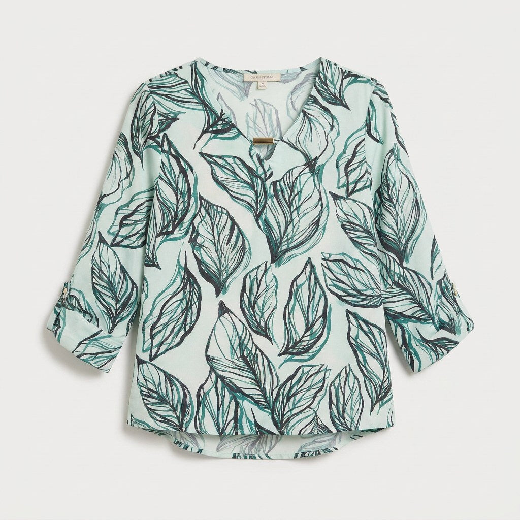 Blusa Manga Larga Escote V Estampada Verde en plano
