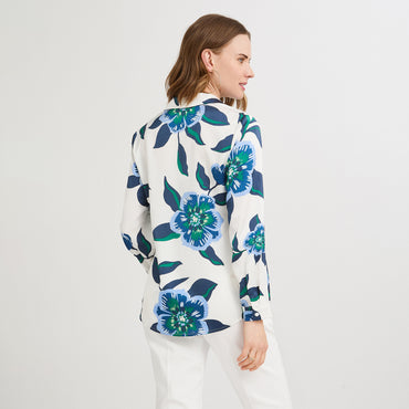 Blusa Manga Larga de Satin con Botones Estampada Azul