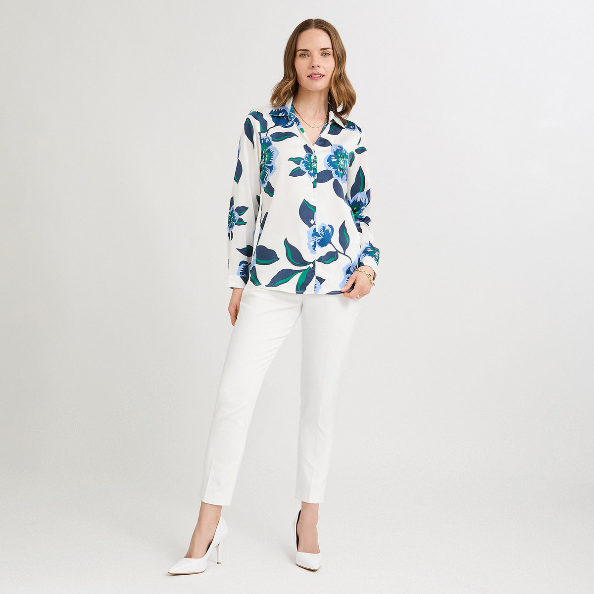 Blusa Manga Larga de Satin con Botones Estampada Azul