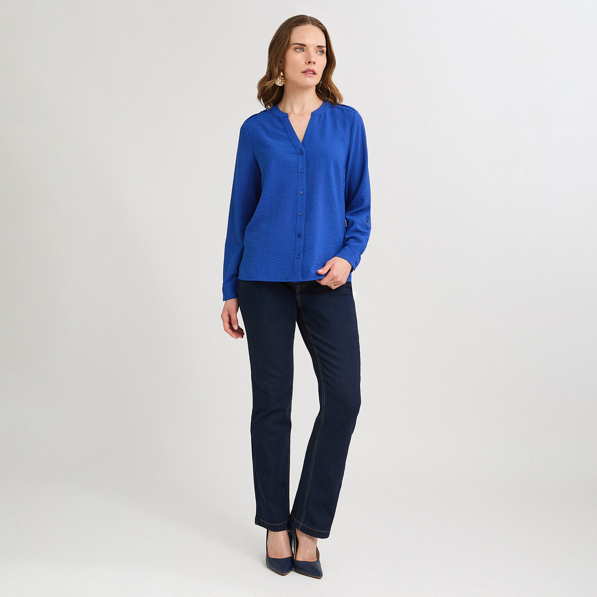 Blusa Manga Larga con Botones Frontales Azul