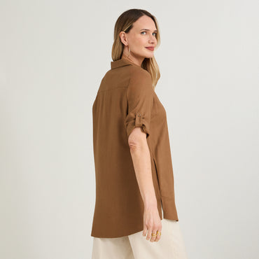 Blusa Blusón de Lino Manga Roll Up Liso Taupe