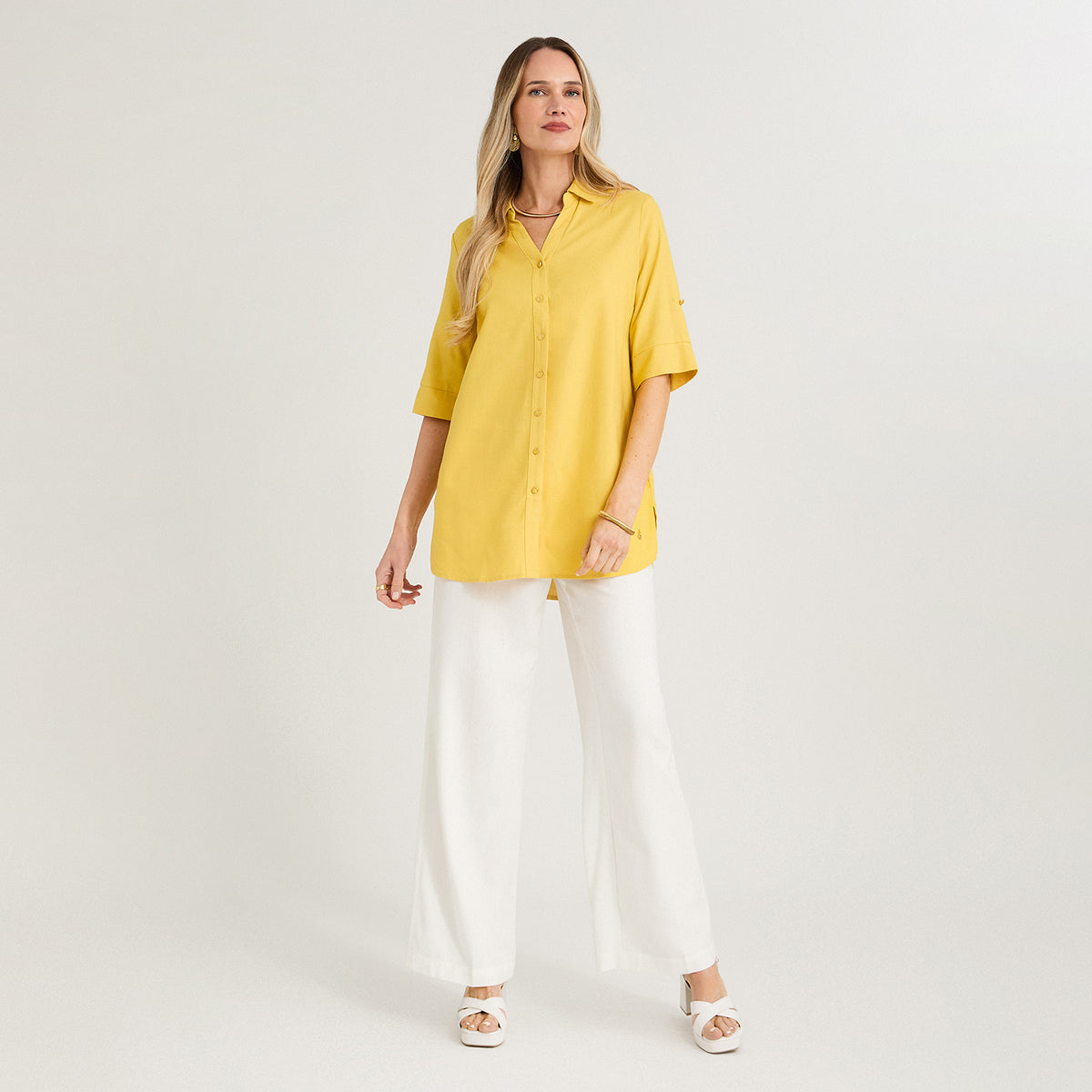 Blusa Blusón de Lino Manga Roll Up Liso Amarillo