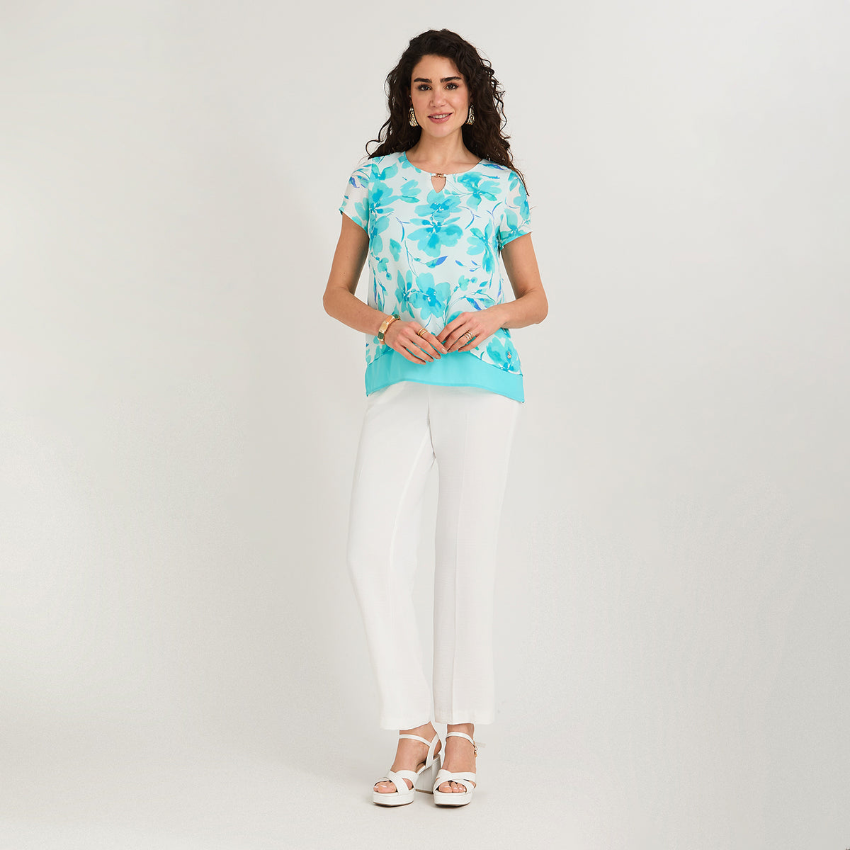 Blusa con Faldón Manga Corta Celeste