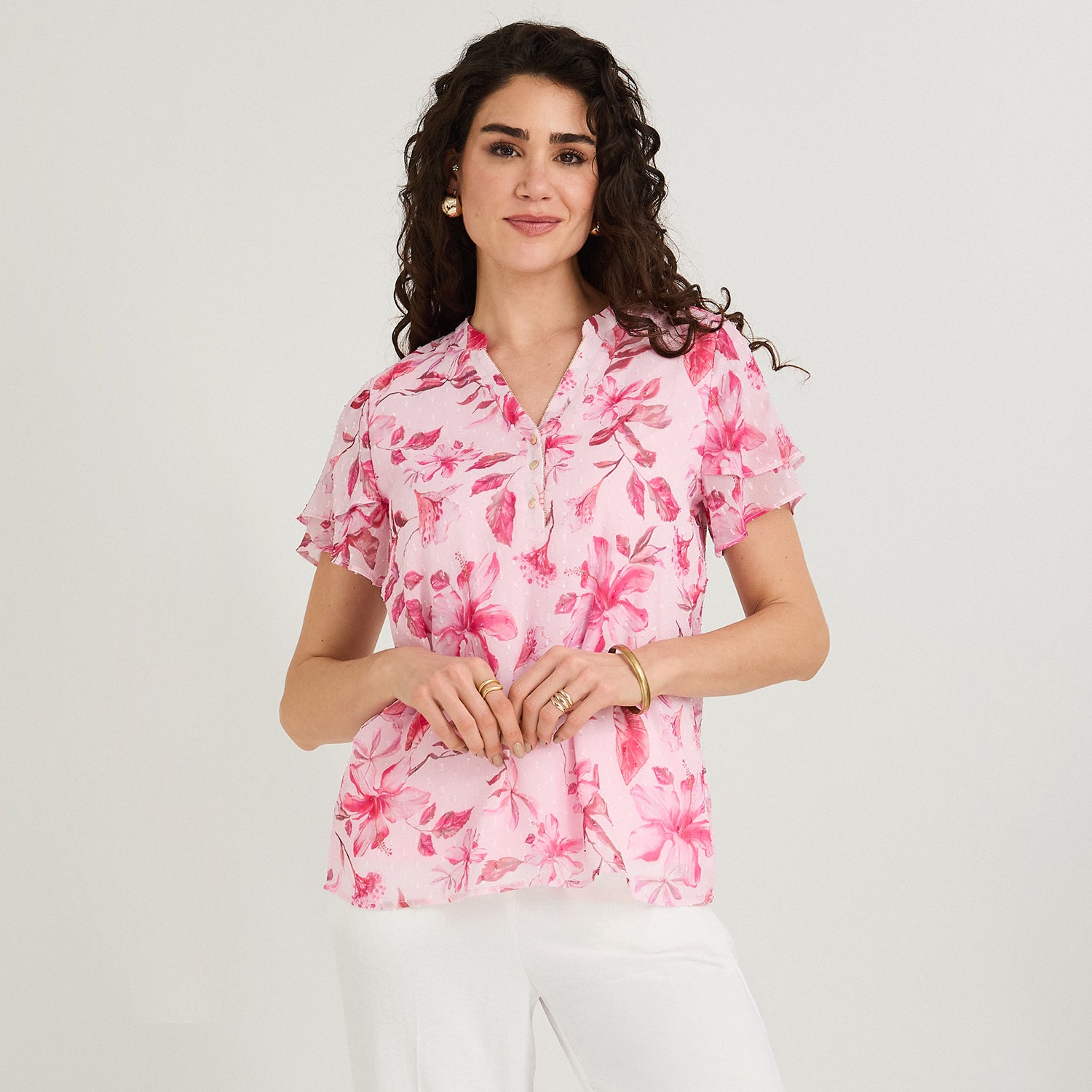 Blusa Manga Corta Aplicación en Escote Fucsia