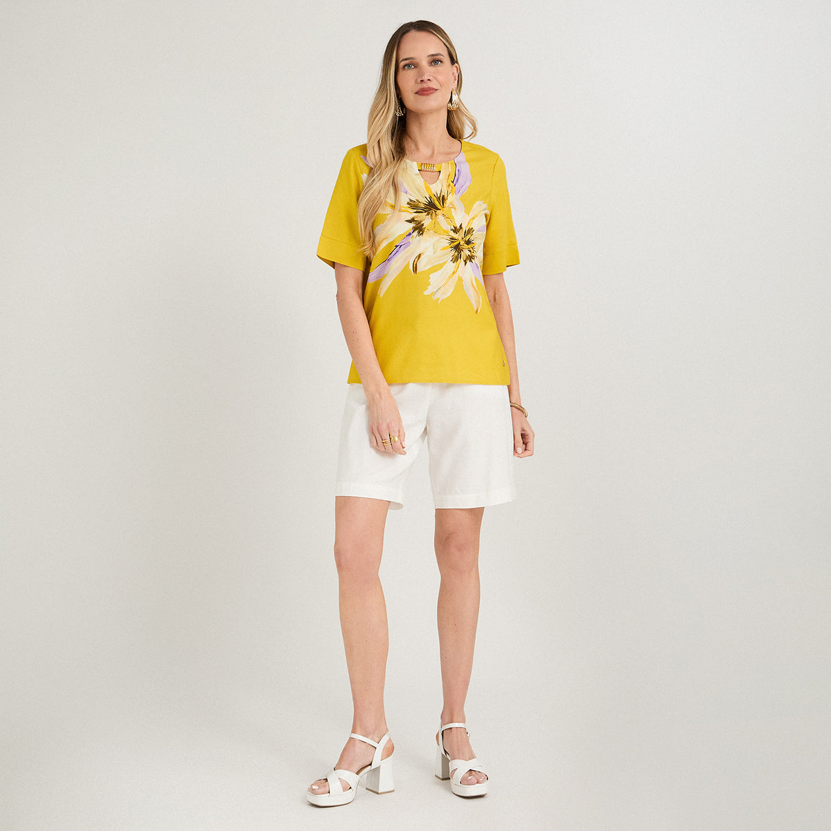 Blusa Lino Manga 3/4 Estampada Amarillo