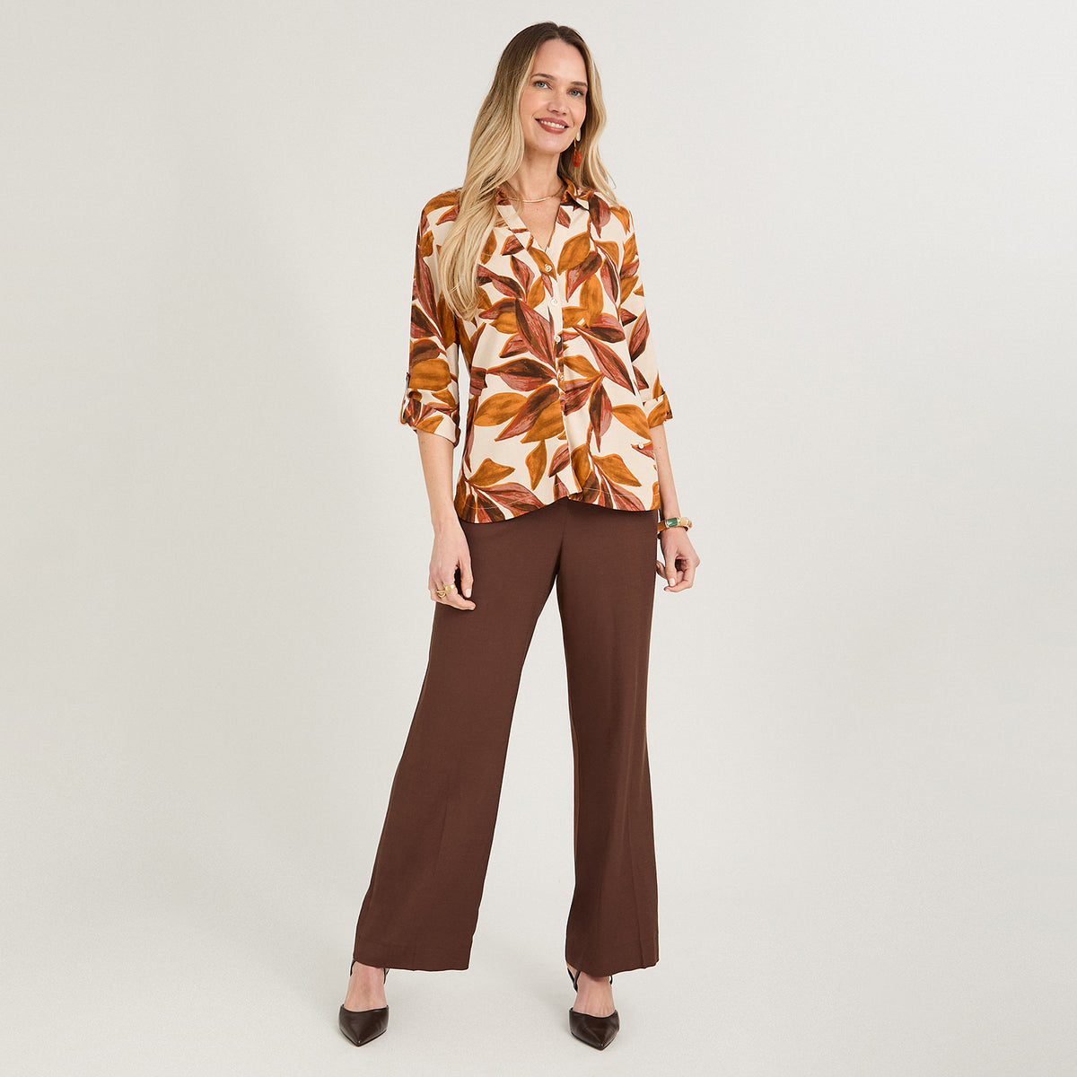 Blusa de Lino Cuello Camisero con Botones Terracota