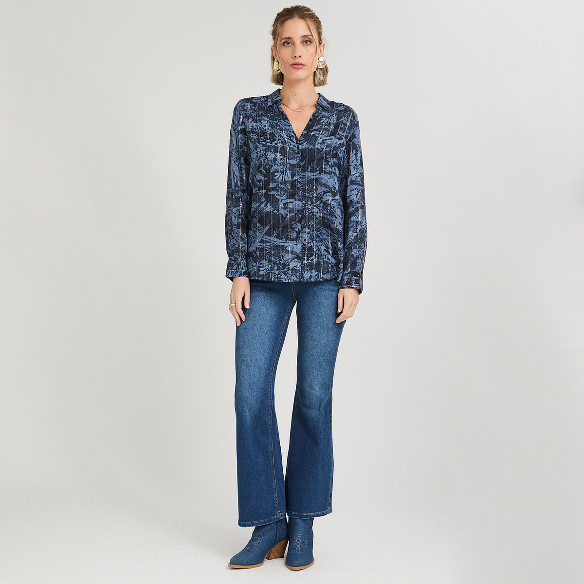 Blusa Manga Larga Print con Lurex Azul