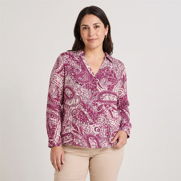 Blusa Manga Larga Print con Lurex Morado en modelo plus size