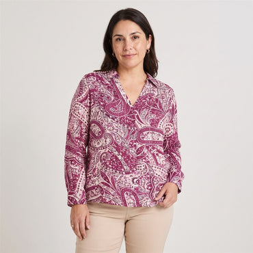 Blusa Manga Larga Print con Lurex Morado en modelo plus size