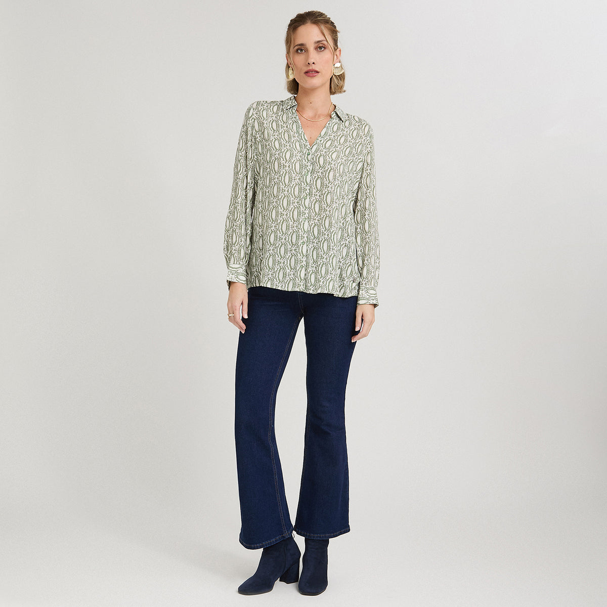 Blusa Manga Larga Print con Lurex Verde