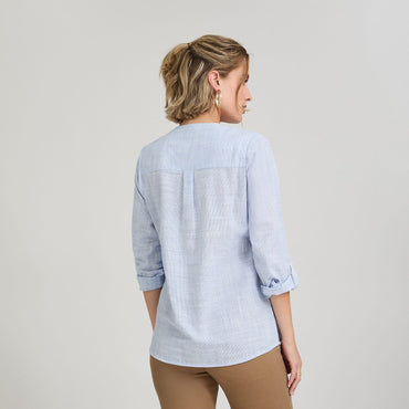 Blusa Look Lino Manga Roll Up Escote Mao Celeste