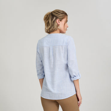 Blusa Look Lino Manga Roll Up Escote Mao Celeste