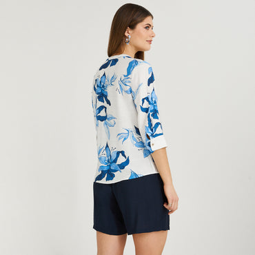 Blusa Escote Mao Manga 3/4 Estampada Azul