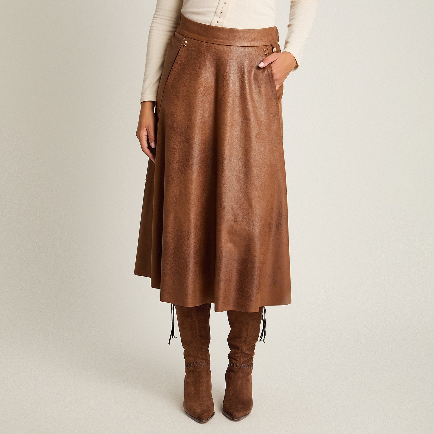 Falda Camel Elasticidad Nula Sin Forro Calce Normal Tela Plano