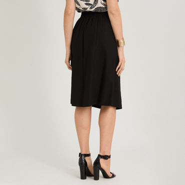 Falda de Lino Midi con Hebilla Metálica Negro