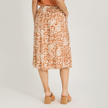 Falda Larga Look Lino con Botones Terracota