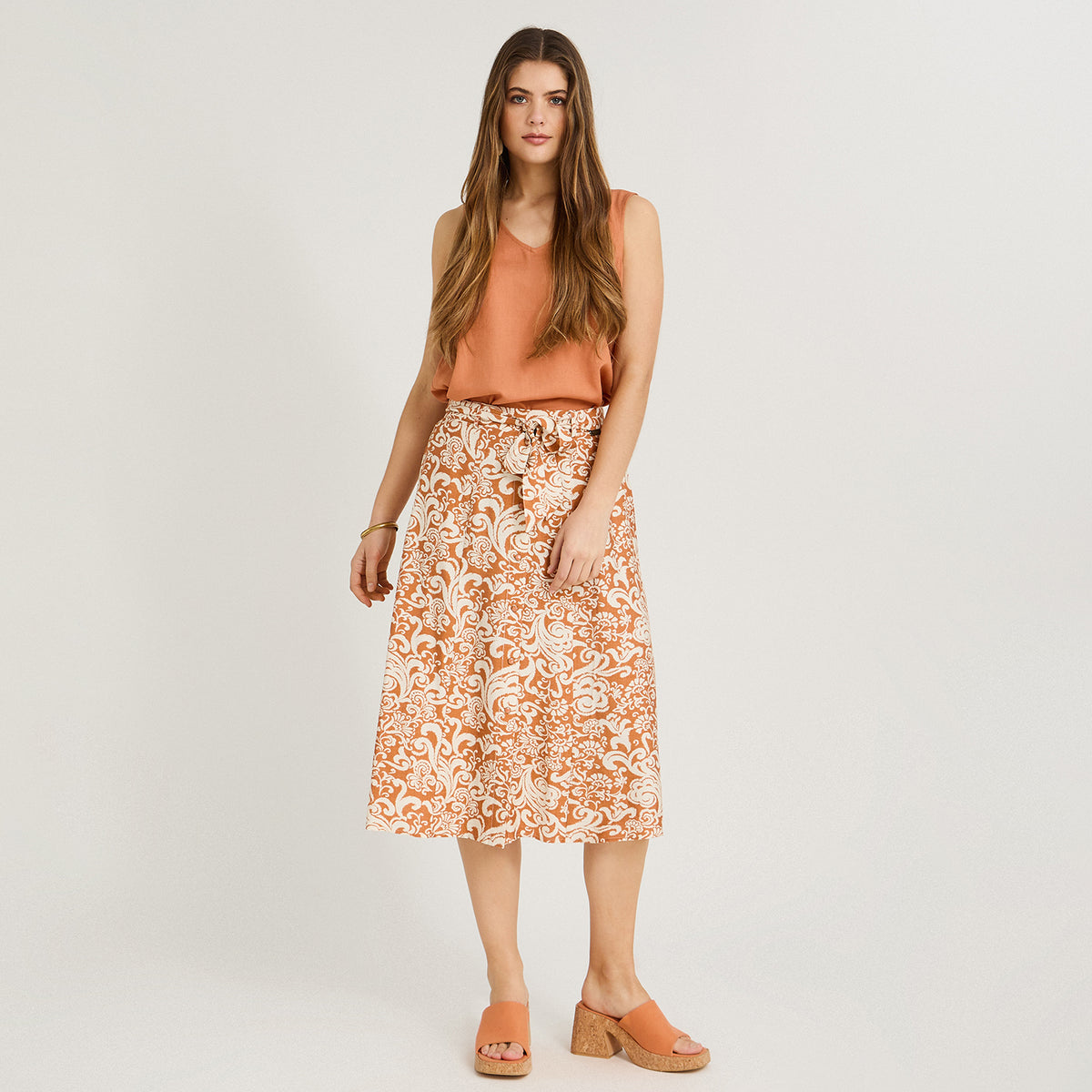Falda Larga Look Lino con Botones Terracota