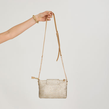 Cartera Bandolera de Raffia Metalizada Beige