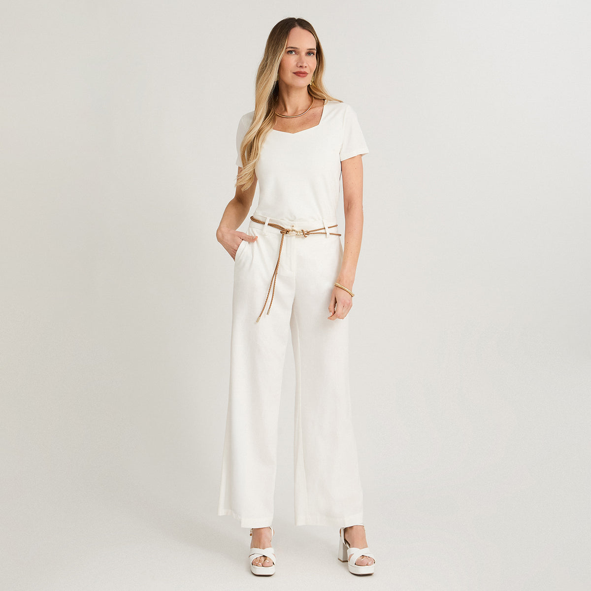 Pantalón Formal Palazzo de Lino 2 Botones con Cinturón Crudo